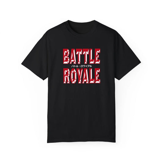 Front view of a black graphic T-shirt inspired by the 2000 film 'BATTLE ROYALE', featuring Japanese novel-type design with the movie's title and chilling imagery. The shirt prominently displays the main actors and echoes the film's brutal themes of survival and conflict.