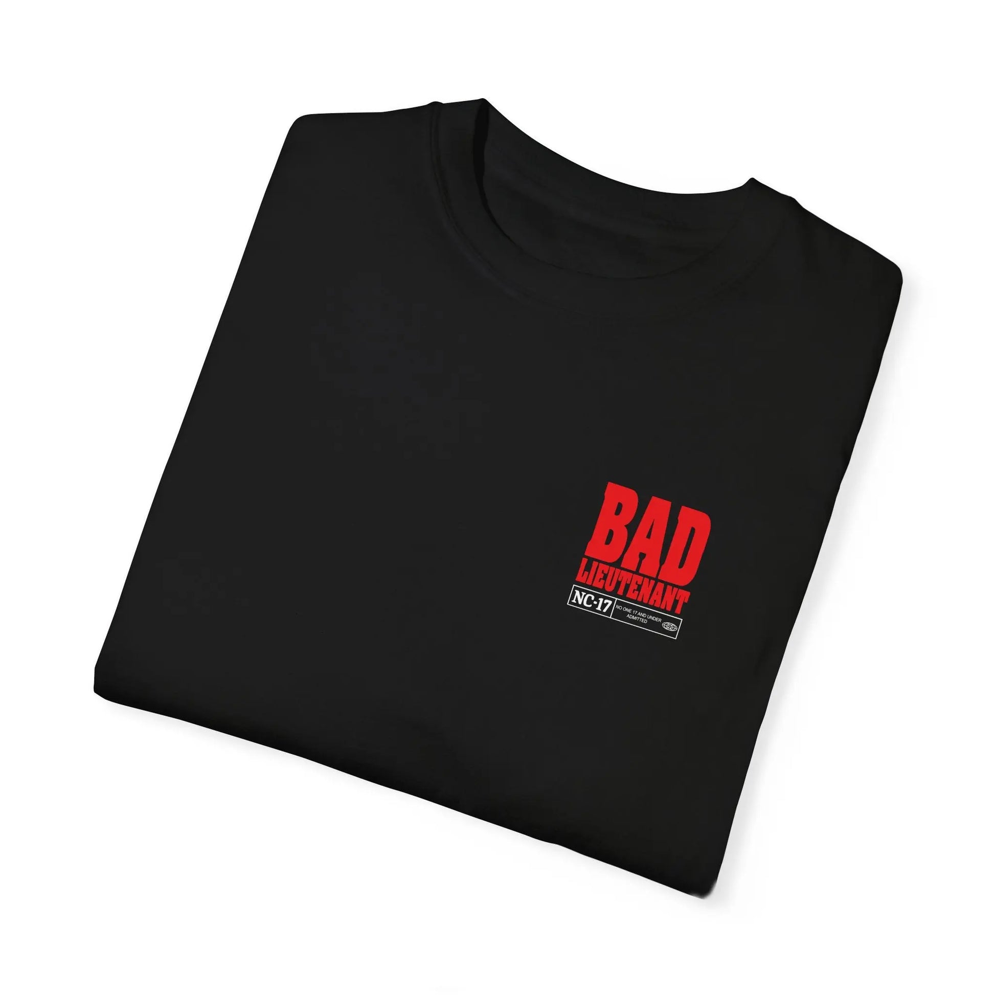 Folded view of Men's Bad Lieutenant Movie T-Shirt featuring bold cinematic design