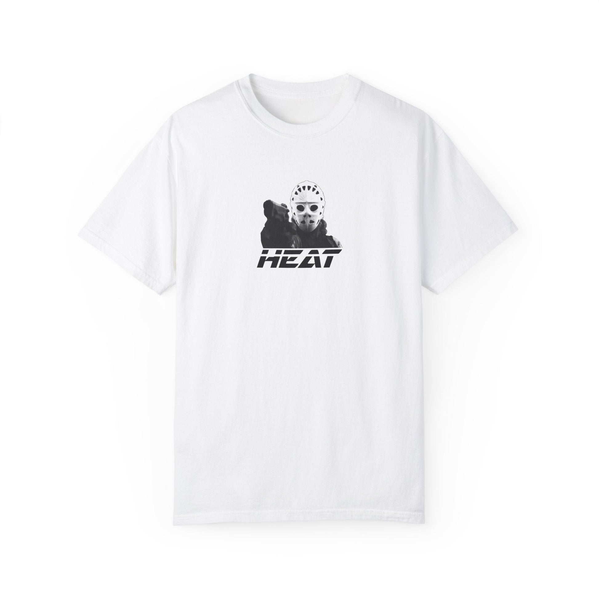 Front view of white Heat 1995 Slick shirt featuring the iconic hockey mask-wearing character from the movie 'Heat,' capturing a pivotal moment during the bank heist scene.