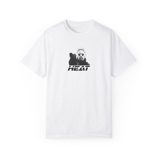 Front view of white Heat 1995 Slick shirt featuring the iconic hockey mask-wearing character from the movie 'Heat,' capturing a pivotal moment during the bank heist scene.